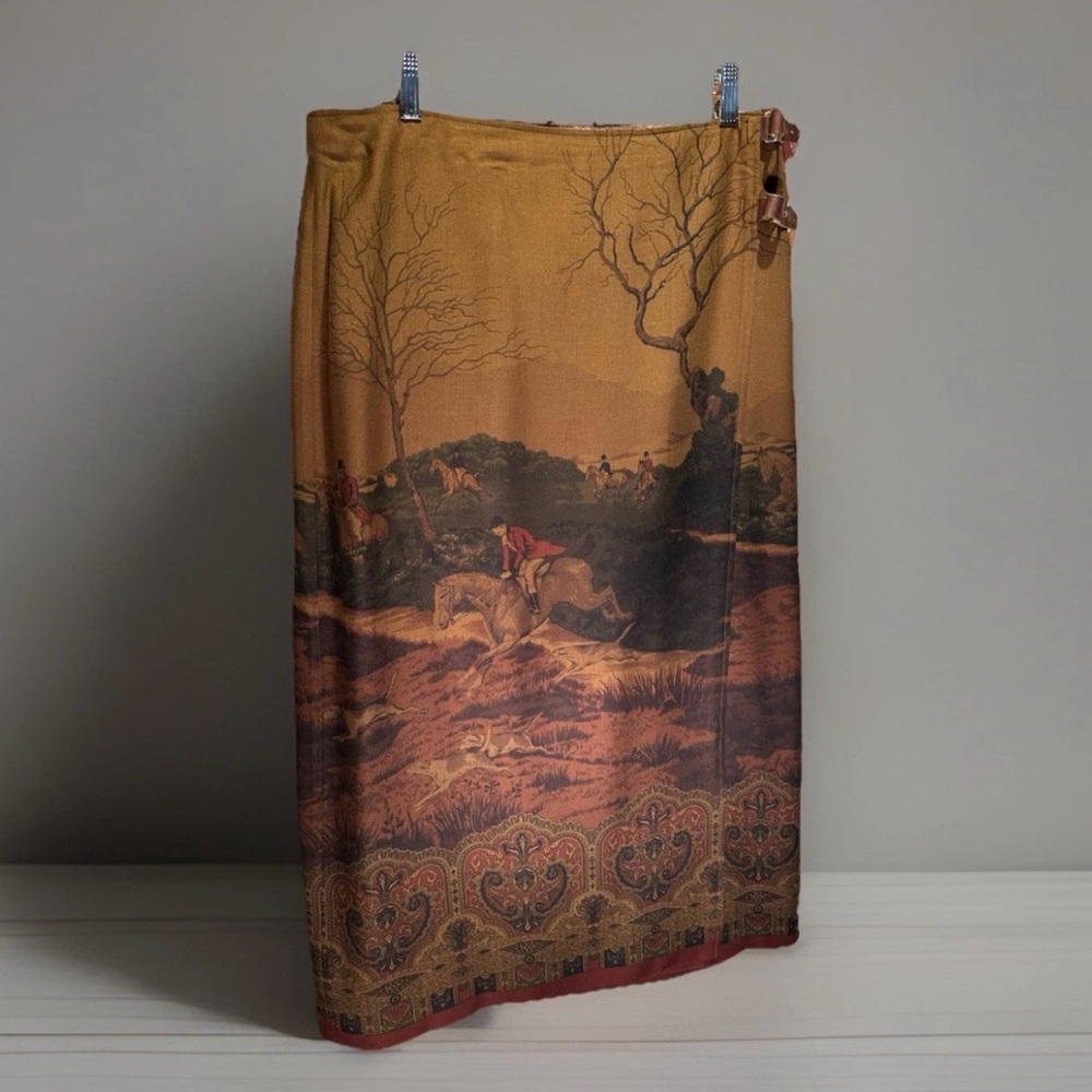 VTG Ralph Lauren Maxi Wrap Skirt Sz 16 Brown Equestrian Horse Fox Hunt Wool 35”